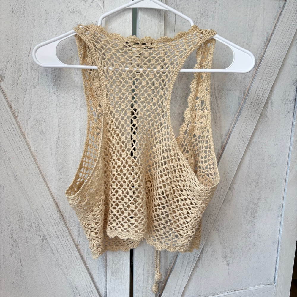 Twenty One Boho Crochet Open Front Vest Vest Top Women’s Size Large Beige - Picture 2 of 6